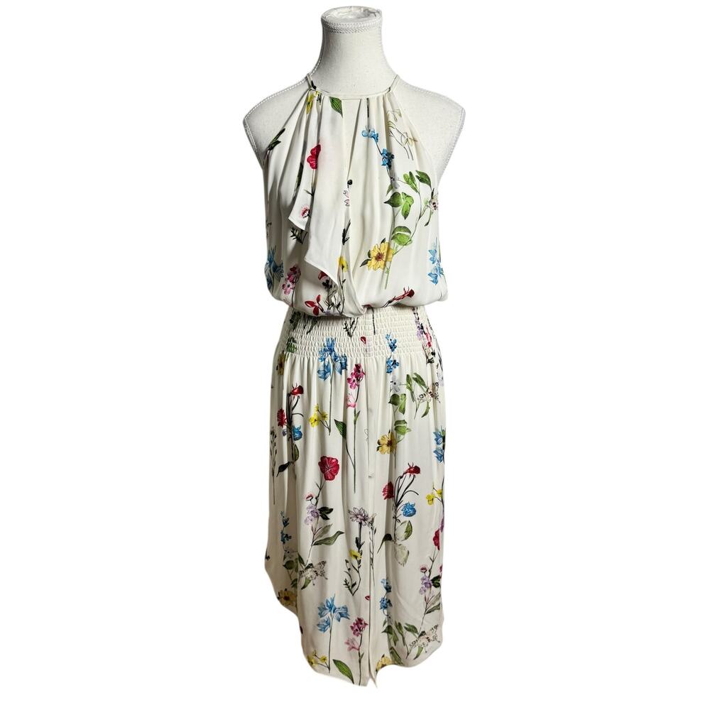 Parker Ruffled Floral‎ Midi Dress Women XS White Silk Novelty Asymmetrical Party